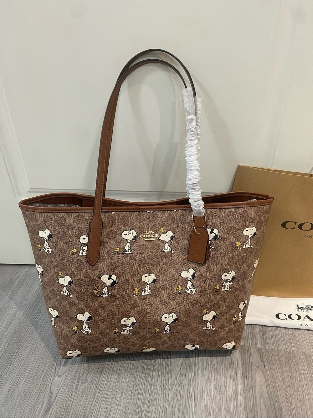 COACH Brown Signature Snoopy Canvas Tote